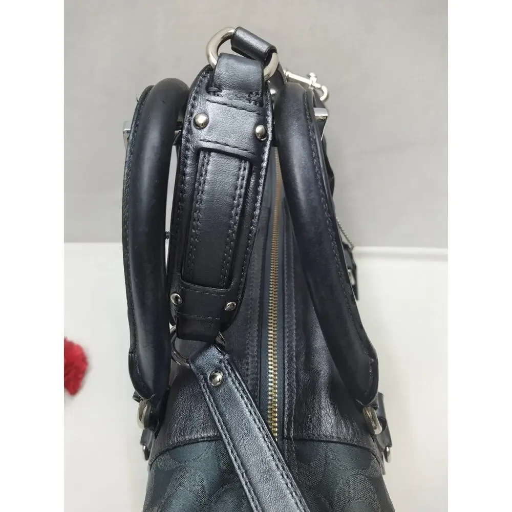 Coach Ashley Signature Dark Blue Canvas Black Leather Trim Satchel Shoulder Bag